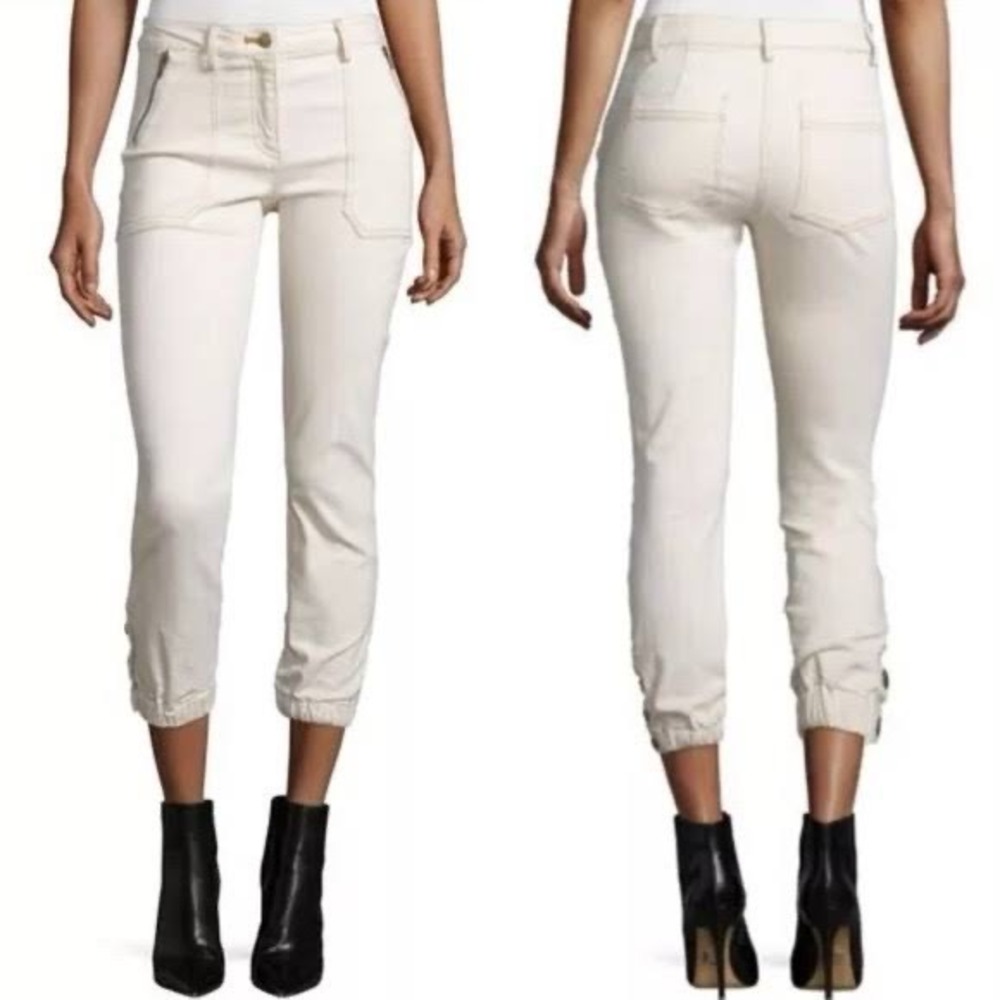 Veronica Beard Cardiff Cream Denim Cargo Jogger Pant Zipper Pocket Cropped Sz 10